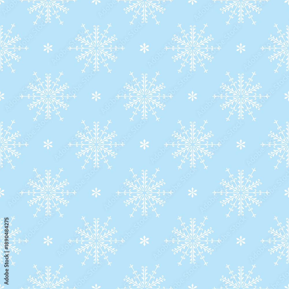 Obraz premium Seamless winter pattern featuring blue snowflakes on a white background. Minimalist festive design ideal for Christmas wrapping paper, holiday cards, textiles, and seasonal decorations