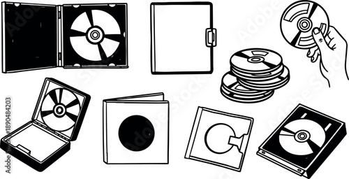 Black and white line art collection of compact disc cases and discs with hand holding one disc isolated on white background