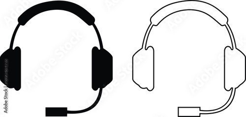 Headphones and headset icon set with flat and line style audio symbols, music listening sound wave call center headset icons in black monochrome vector illustration collection