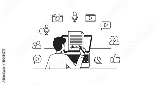 Person working on laptop with social media icons and documents floating around representing online content creation and digital communication