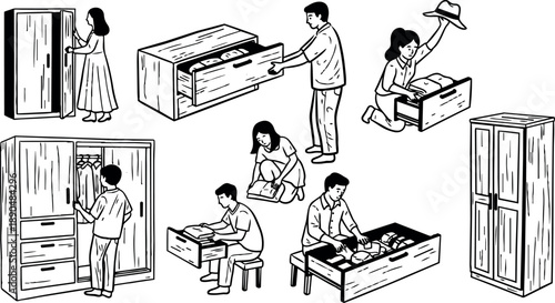 Black and white line art showing multiple people organizing clothes in wooden drawers and wardrobes from different angles indoor