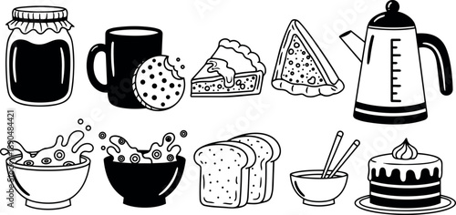 Black and white line art vector of kitchen food and drink items including jar, cup with cookie, pie slice, teapot, bowls with splash, bread slices and cake slice