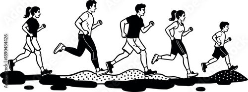 Black and white vector art of five people running together on rugged terrain trail side view outlines