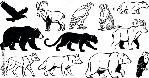 Black and white wildlife silhouette set with flying eagle, mountain goats, bears, panther, wolves, and vultures detailed vector illustration