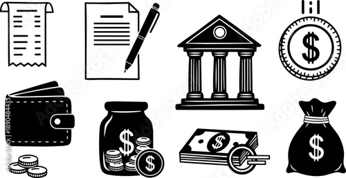 Black and white financial icon set with bank building, money bag, coins, document and pen, wallet and receipt vector design