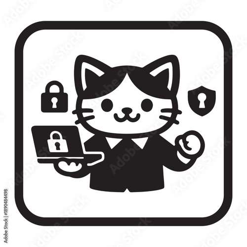 Cute Cybersecurity Cat Mascot With Laptop And Padlock Vector Icon