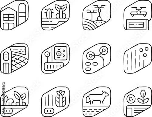 Set of twelve black and white line representing various agricultural and industrial activities