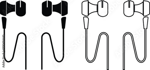 Headphones and headset icon set with flat and line style audio symbols, music listening sound wave call center headset icons in black monochrome vector illustration collection