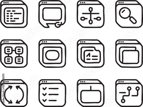 Twelve black and white representing various computer and data processing functions in a minimalist style