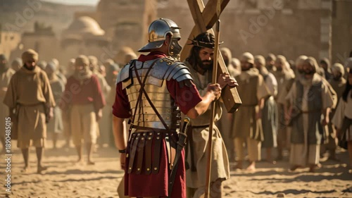 Roman soldier watching Jesus Christ carry cross through crowd during Passion of Christ event, religious Holy Friday.