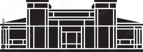 Black and white geometric of a building with intricate brickwork and triangular roof extensions