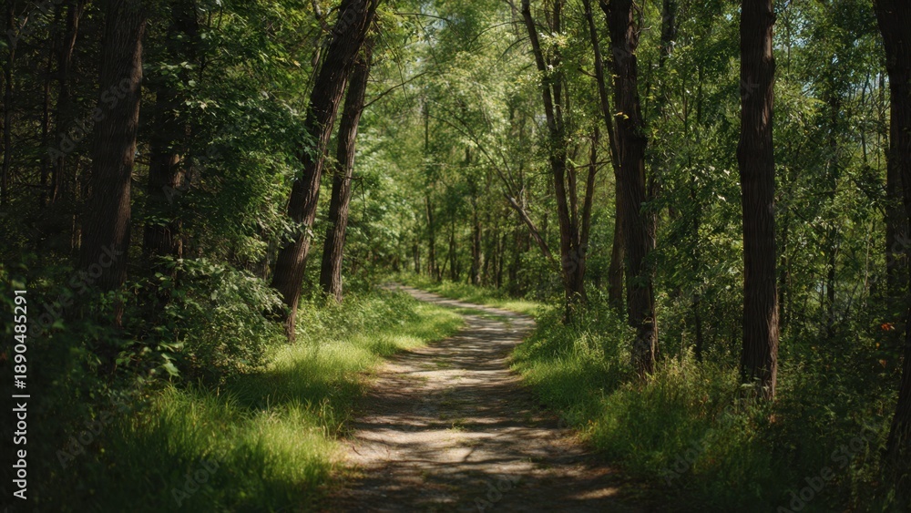 Fototapeta premium Sunlit path through a lush green forest