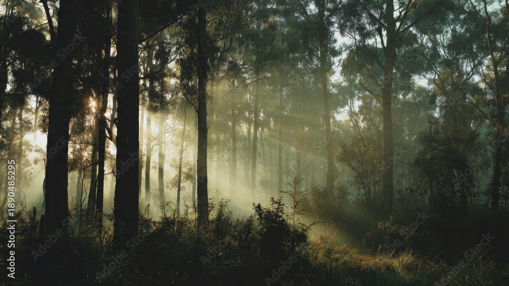 Fototapeta premium Sun Rays Through Forest Trees