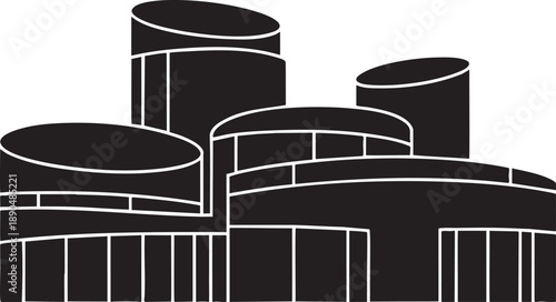 Black and white line of a modern architectural building with cylindrical and curved structures