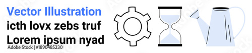 Gear symbolizing process, hourglass for time flow, and watering can for growth. Ideal for workflow, productivity, time management, nurturing ideas, sustainability, progress simple landing page