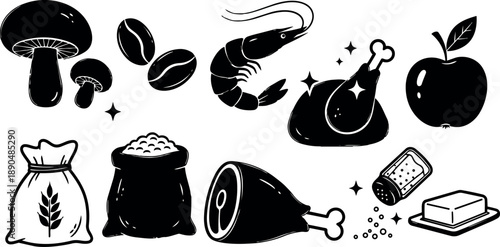 Black and white vector art of assorted food icons including mushrooms shrimp chicken apple grain butter and ham simple silhouette style
