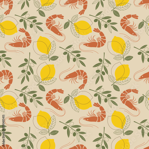 Mediterranean seamless pattern with shrimps, lemons and olive branches in flat vintage style. Vector illustration.