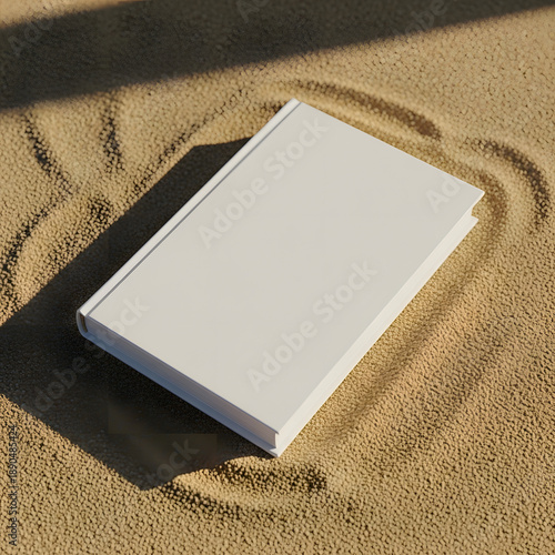 Minimal White Book on Sandy Texture Background with Soft Shadows.