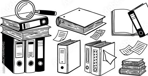 Hand drawn black and white stacks of folders and books with magnifying glass and loose papers scattered on white background