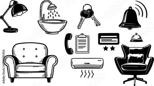 Black and white detailed vector set of home and office furniture icons including armchair, lamp, shower, keys, bell, telephone with clipboard and air conditioner