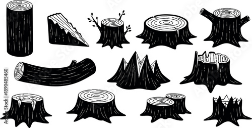 Black and white vector art collection of assorted tree stumps and cut logs with various angles and natural textures isolated on white background