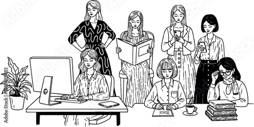 Black and white line art of seven women working together in office reading writing using laptop and mobile devices in collaborative workspace