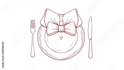 Elegant table setting with a bow-tied plate, fork, and knife in a minimalist outline style