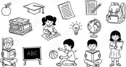 Black and white vector children reading writing playing with ball and education icons including globe apple books and backpack