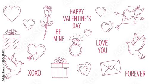 Valentine's Day illustration featuring hearts, doves, and gifts in a festive celebration of love