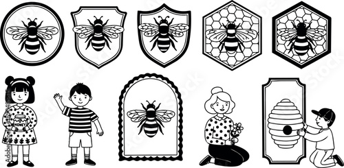Black and white vector art set of children holding honey jar and bee hive with bee shield and hexagonal frame badges