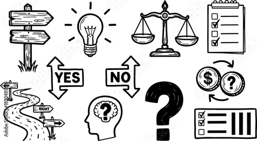 Hand drawn vector icons of decision making concepts with yes no arrows balance scales checklist money exchange and road signs