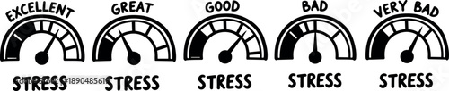 Hand drawn stress level meters with needles pointing from excellent to very bad stress ratings in black and white vector illustration