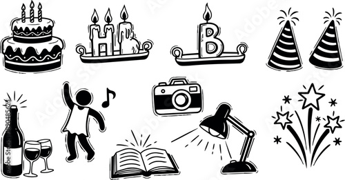 Black and white vector party icons including birthday cake candles wine bottle dancing figure open book and fireworks illustrations