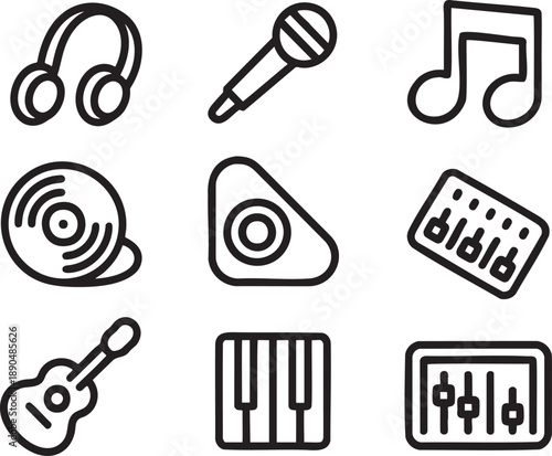 Black and white of musical instruments and audio equipment including headphones, microphone, vinyl record, C D, guitar, keyboard, and