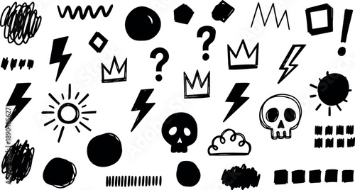 Hand drawn black doodles including skulls lightning bolts crowns circles question marks scribbles and exclamation marks on white background