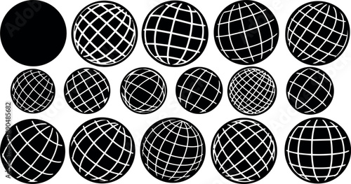 Set of fifteen black and white globe icons with various grid patterns and spherical shapes in vector illustration style