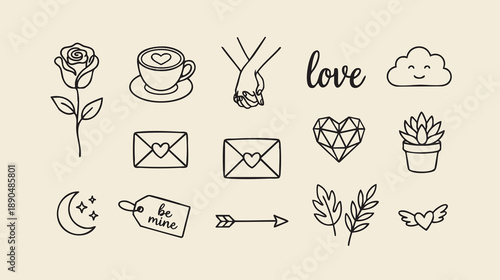 Valentine icon set with minimal line art love symbols