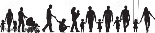 Black silhouette collection of diverse families with parents holding hands with children carrying babies and pushing strollers isolated on white background for parenting concept
