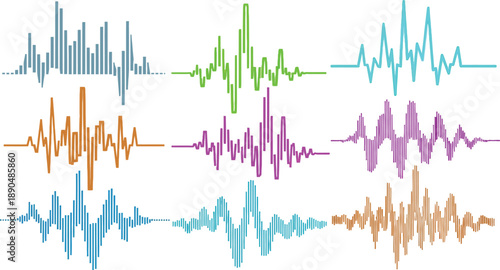 Sound wave graph, audio equalizer, music rhythm visualization, colorful lines abstract science vector