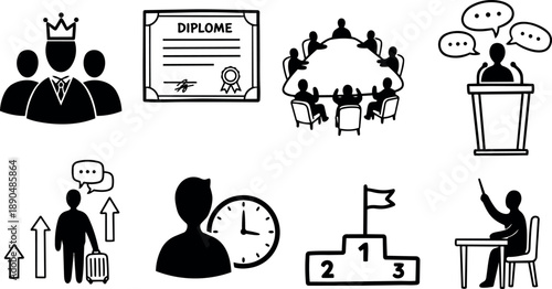 Vector icons depicting leadership crown group diploma certificate meeting roundtable public speaking podium speech business person clock time winner podium number one flag teacher student classroom