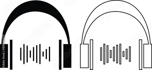 Headphones and headset icon set with flat and line style audio symbols, music listening sound wave call center headset icons in black monochrome vector illustration collection