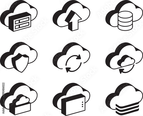 Nine black and white cloud with various symbols representing cloud computing and data storage
