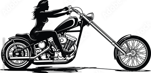 Female biker riding custom chopper motorcycle silhouette illustration, powerful classic cruiser bike design isolated black white artwork side view vector