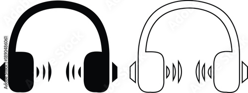 Headphones and headset icon set with flat and line style audio symbols, music listening sound wave call center headset icons in black monochrome vector illustration collection