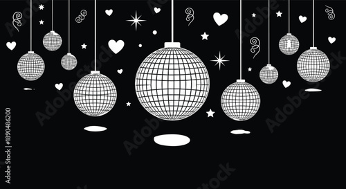 Hanging disco ball vector illustration, black white party decoration background, sparkling night celebration design with hearts stars festive mood