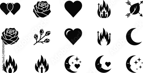 Love and romance silhouette icons set, hearts, roses, flames, moon symbols, valentines design elements, black vector illustration collection