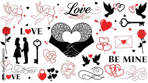 Collection of love-themed illustrations featuring hearts, couples, and romantic symbols