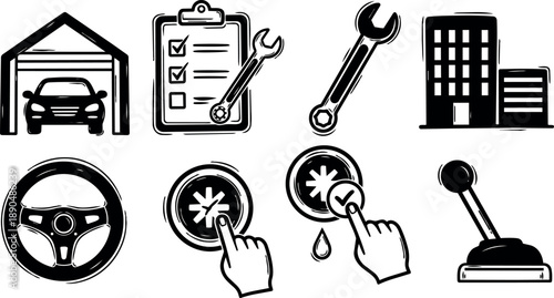 Monochrome vector icons set featuring car in garage, wrench with clipboard checklist, steering wheel, hand pressing button, and gear shift lever