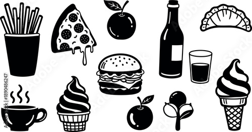 Black and white flat design food icons including french fries, pizza slice, apples, hamburger, soft drink bottle and cup, ice cream cones, and dumpling