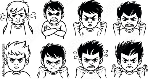 Black and white vector line art of angry boys with clenched fists and fierce expressions showing frustration and irritation in various poses